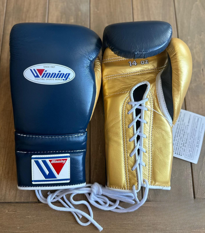 Top Rated Winning Lace-Up Blue/Golden Boxing Gloves for Professional Fighters and Trainers