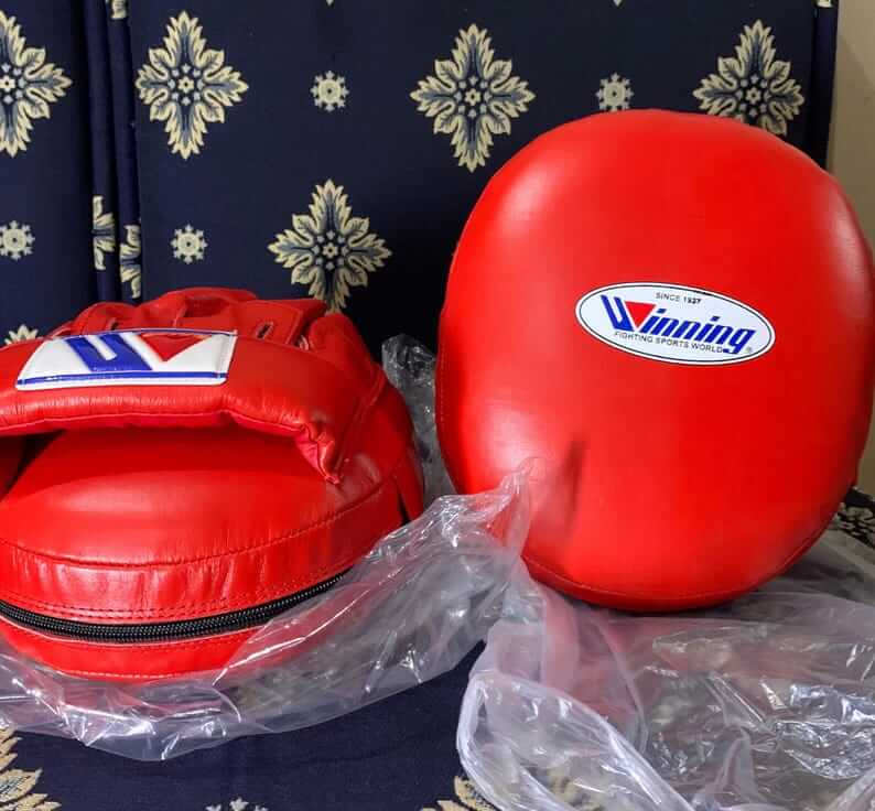 Winning Style Oval Focus Mitts – Custom Red Leather Boxing Coach Pads