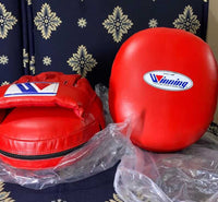 Winning Style Oval Focus Mitts – Custom Red Leather Boxing Coach Pads