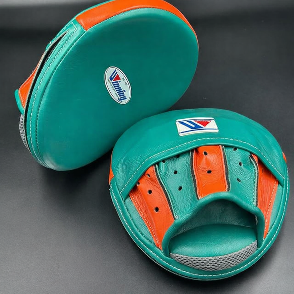 Winning Style Oval Focus Mitts – Custom Green & Orange Boxing Coach Pads